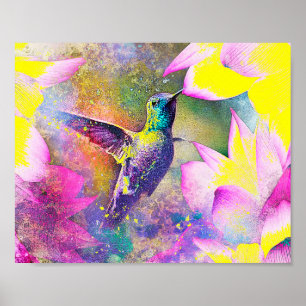 Lebhafte Gelbe und Lila Blütenpracht Hummingbird A Poster