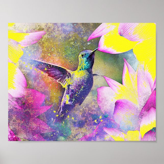 Lebhafte Gelbe und Lila Blütenpracht Hummingbird A Poster (Vorne)
