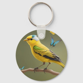 Lebhafte Gelbvögel-Perched-Amid-Schmetterlinge Schlüsselanhänger