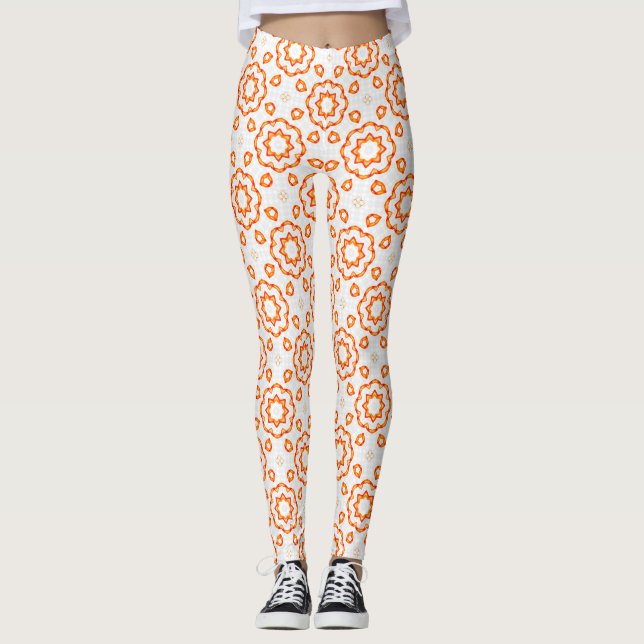 Lebhafte geometrische orangefarbene Blumenleggings Leggings (Vorderseite)