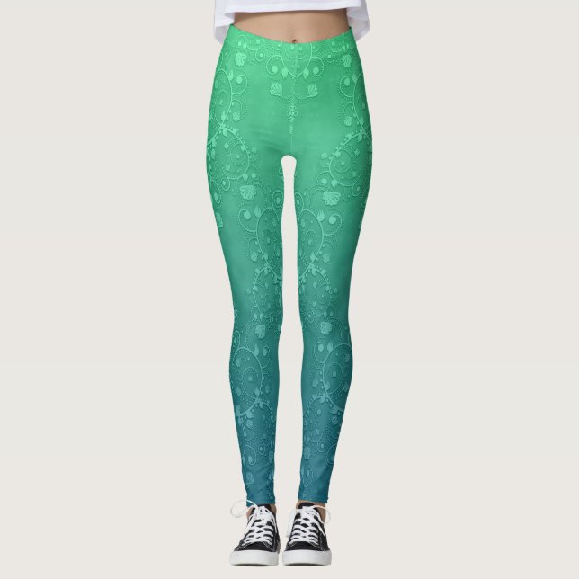 Lebhafte grüne Türkis Damask Boho Style Leggings (Vorderseite)