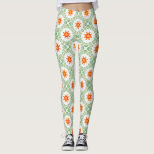 Lebhafte grüne und orangefarbene Blumen-Blatt-Must Leggings