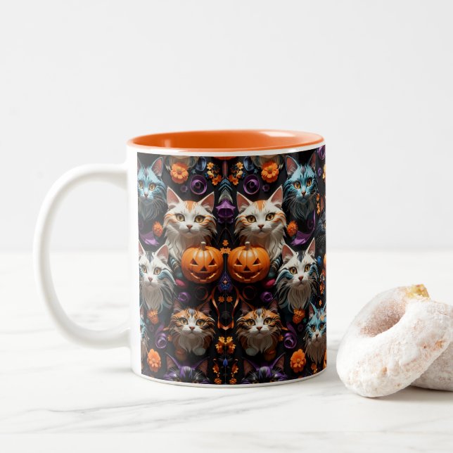 Lebhafte Halloween Cat Patterns farbenfrohe Spooky Zweifarbige Tasse (Mit Donut)