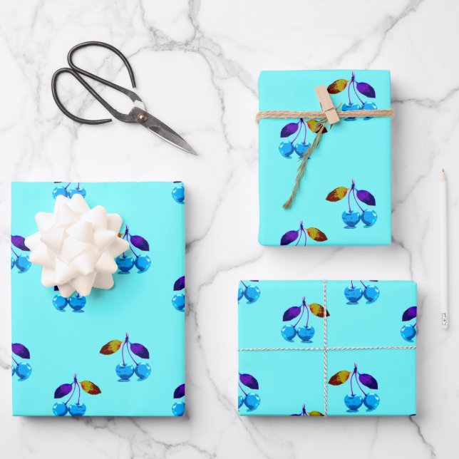 Lebhafte hellblaue Kirschen Geschenkpapier Set (Vorderseite)