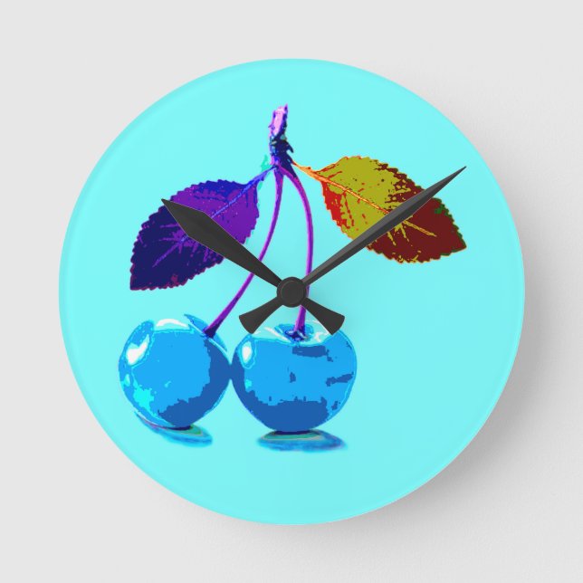 Lebhafte hellblaue Kirschen Runde Wanduhr (Vorderseite)