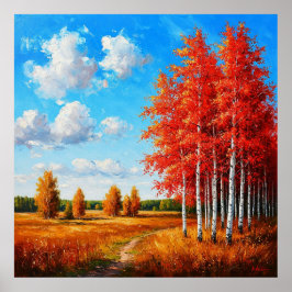 Lebhafte Herbstlandschaft mit roten Bäumen und ein Poster