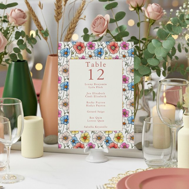 Lebhafte Herbstwild-Blume Tischnummer Platzkarte (Bright and colorful wildflowers wedding reception table number name chart card.)