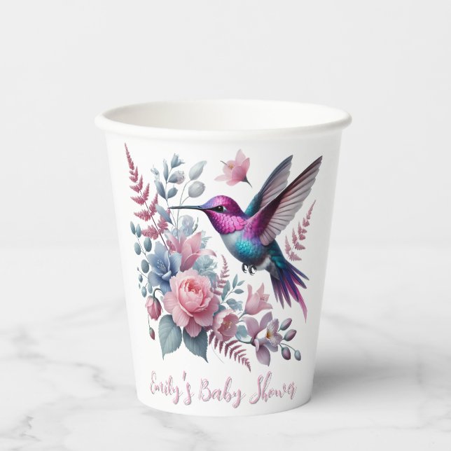 Lebhafte Hummingbird und rosa Blütendusche Pappbecher (Vorderseite)
