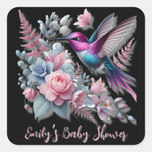 Lebhafte Hummingbird und rosa Blütendusche Quadratischer Aufkleber