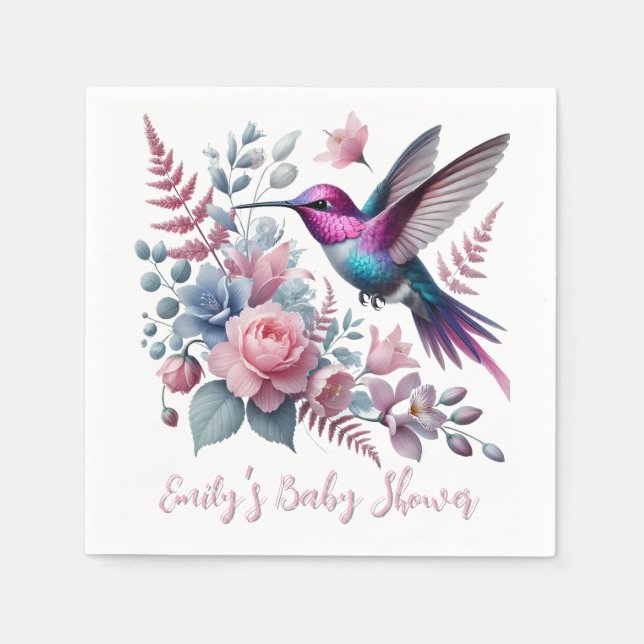 Lebhafte Hummingbird und rosa Blütendusche Serviette (Vorderseite)
