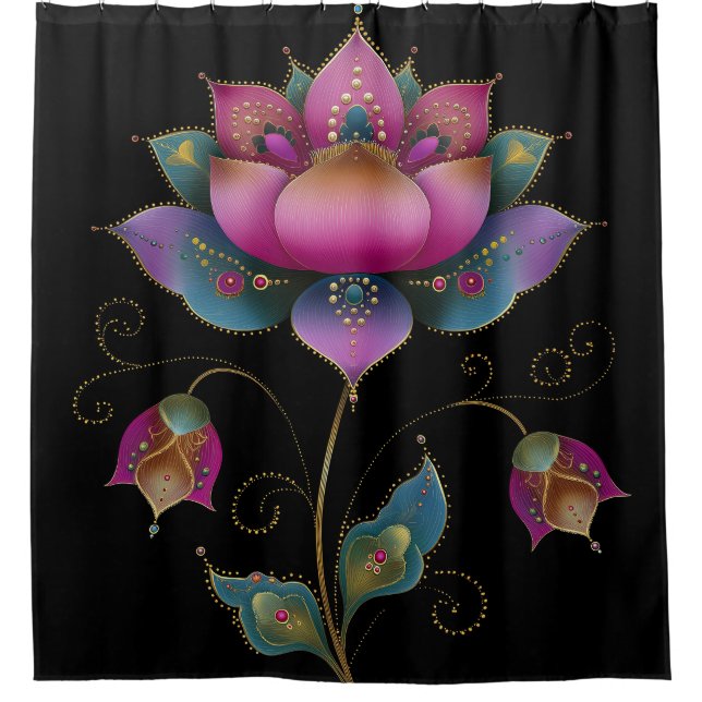 Lebhafte indische Mehndi Lotus Blume Pink Blue Gol Duschvorhang (Vorderseite)