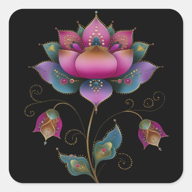 Lebhafte indische Mehndi Lotus Blume Pink Blue Gol Quadratischer Aufkleber (Vorderseite)