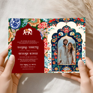 Lebhafte indische Volkskunst Elephant Dark Red Wed Einladung