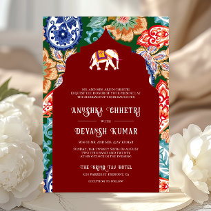 Lebhafte indische Volkskunst Elephant Dark Red Wed Einladung