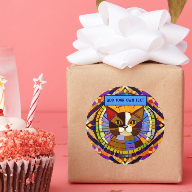 Lebhafte Katze in Mosaikfliesen - farbig - Text hi Runder Aufkleber (Party)