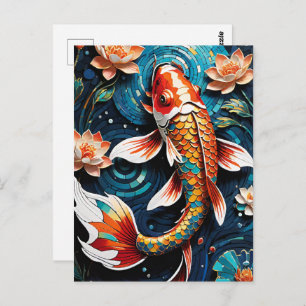 Lebhafte Koi und wunderschöne Blume Aquatic Scene Postkarte