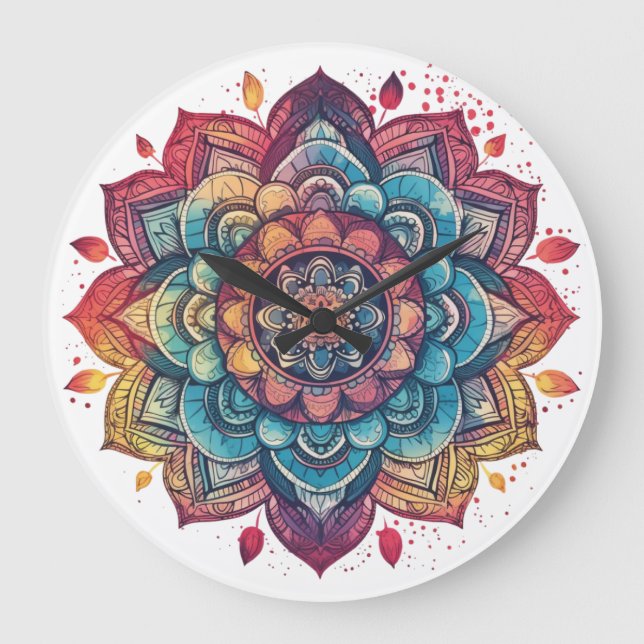 Lebhafte, komplizierte, Bohemische, Mandala Art Große Wanduhr (Vorderseite)