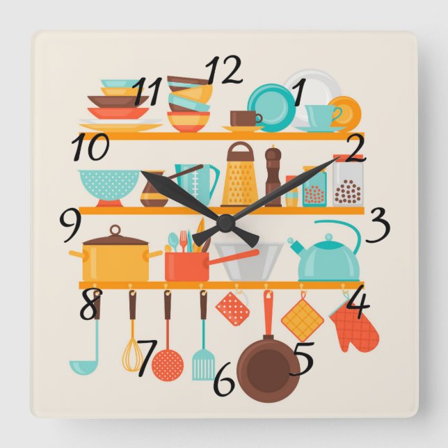 Lebhafte Küchen-Einzelteile Quadratische Wanduhr (Vorderseite)