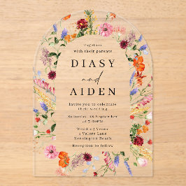 Lebhafte, kühne Wildblumen in Wasserfarbe Hochzeit Acryleinladungen