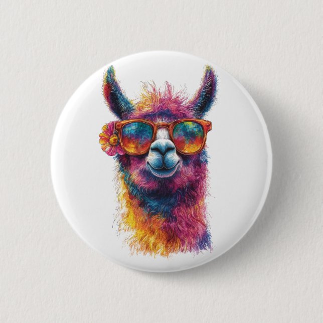 Lebhafte Lama Head Illustration - farbenfroh, einz Button (Vorderseite)