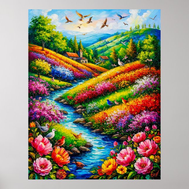 Lebhafte Landschaft mit blühenden Blume Poster (Vorne)