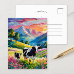 Lebhafte Landschaft mit Kühen Postkarte<br><div class="desc">Ein herzzerwärmendes, modernes impressionistisches Gemälde einer Mutterkuh und ihres Kalbes in einer ruhigen, ländlichen Alm, das durch helle, lebendige Farben und dicke abstrakte Pinselstriche zum Leben erweckt wird. Die dynamischen Striche festigen die friedliche Verbindung zwischen den Tieren, während die reichen Farbtöne Grün, Blau und Erden eine lebendige, pastorale Szene schaffen....</div>