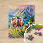 Lebhafte Landschaft mit Kühen Puzzle<br><div class="desc">Ein herzzerwärmendes, modernes impressionistisches Gemälde einer Mutterkuh und ihres Kalbes in einer ruhigen, ländlichen Alm, das durch helle, lebendige Farben und dicke abstrakte Pinselstriche zum Leben erweckt wird. Die dynamischen Striche festigen die friedliche Verbindung zwischen den Tieren, während die reichen Farbtöne Grün, Blau und Erden eine lebendige, pastorale Szene schaffen....</div>