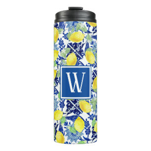 Lebhafte Lemons und blaue Flora   Monogramm Thermosbecher