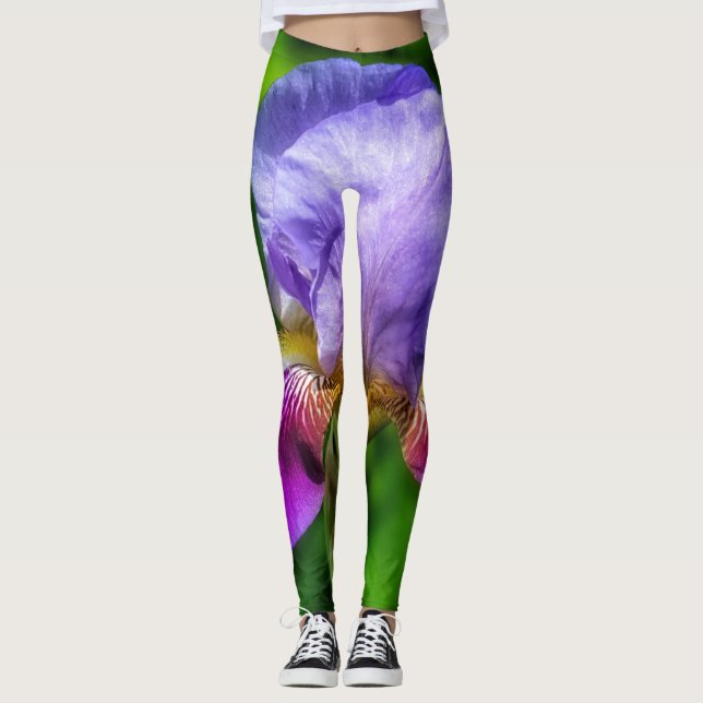Lebhafte lila blaue und gelbe Iris-Blume Leggings (Vorderseite)