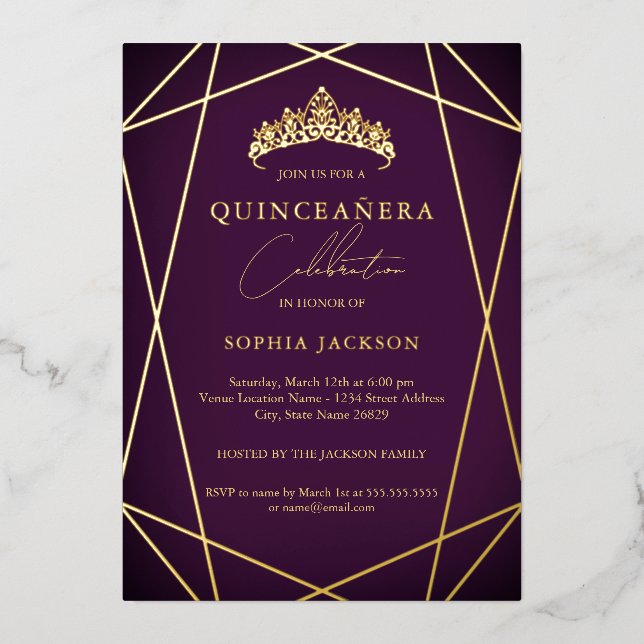 Lebhafte Lila Geometrische Gold Elegante Quinceane Folieneinladung (Vorderseite)