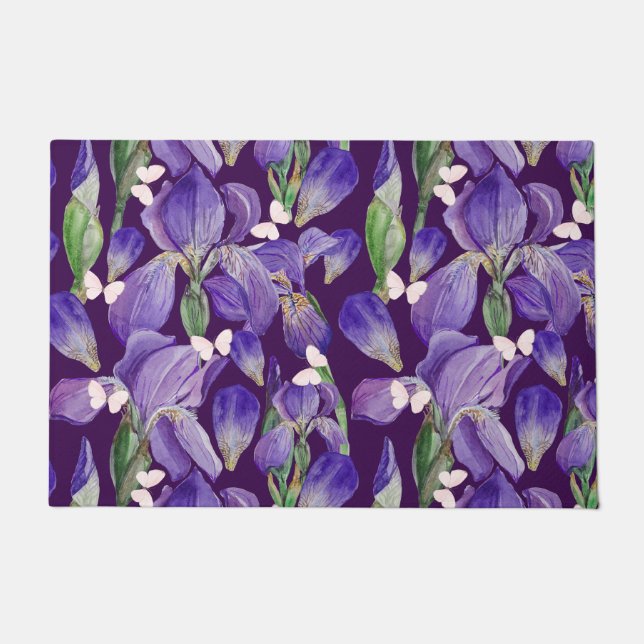Lebhafte Lila Iris-Blume und Schmetterlinge Fußmatte (Vorderseite)