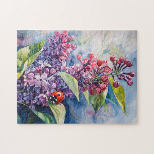Lebhafte Lila Lilac-Blume Ladybug Puzzle