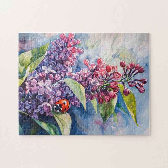 Lebhafte Lila Lilac-Blume Ladybug Puzzle (Horizontal)