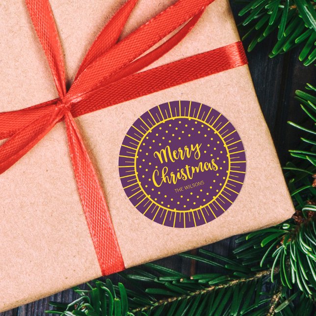 Lebhafte Lila Sternexplosion Script Frohe Weihnach Runder Aufkleber (Von Creator hochgeladen)