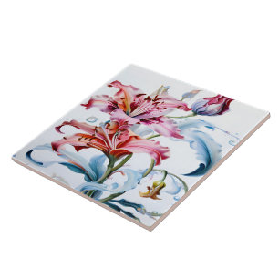 Lebhafte Lilien in Blüte vor weißem Hintergrund Fliese