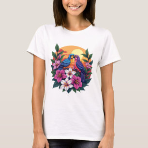 Lebhafte Lovebirds bei Sonnenuntergang mit tropisc T-Shirt