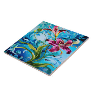 Lebhafte Lügen blühen gegen blaue Wirbel Fliese