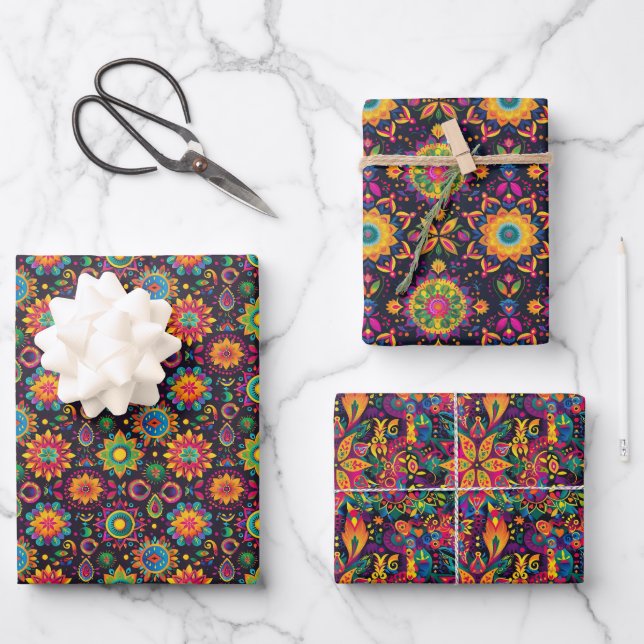 Lebhafte Mandalas Diwali Geschenkpapier Set (Vorderseite)