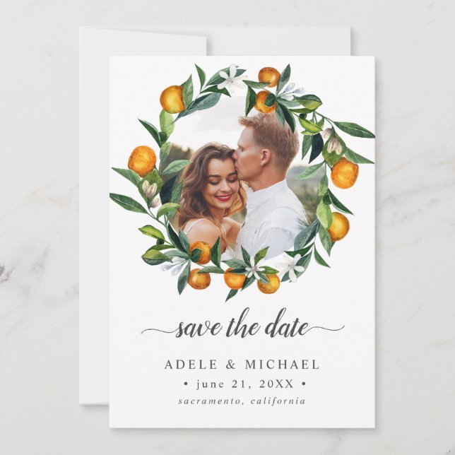 Lebhafte Mandarine Citrus Blossom Foto Save the Da Save The Date (Vorderseite)