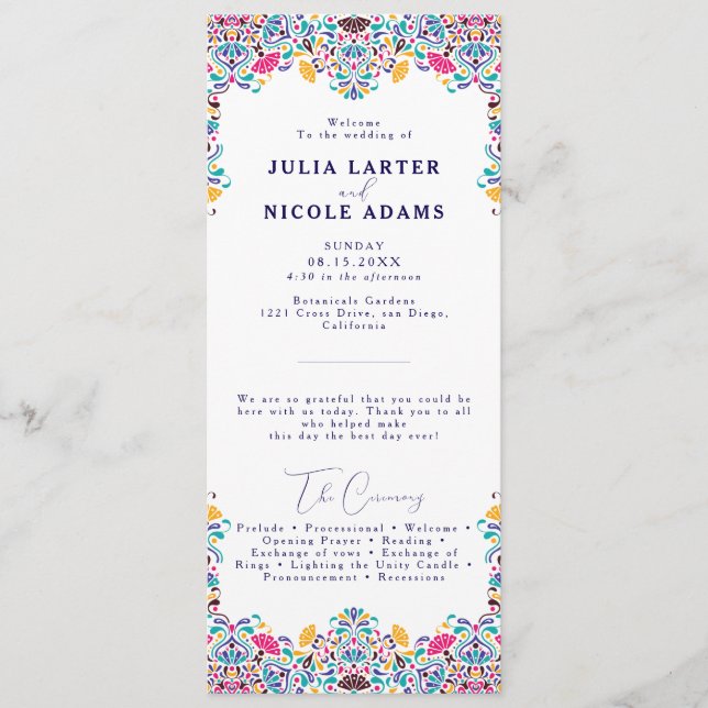 Lebhafte mexikanische Fiesta Style Rainbow Wedding Programm (Vorderseite)