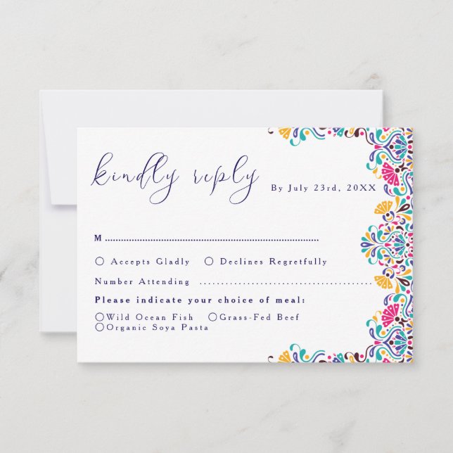 Lebhafte mexikanische Fiesta Style Rainbow Wedding RSVP Karte (Vorderseite)