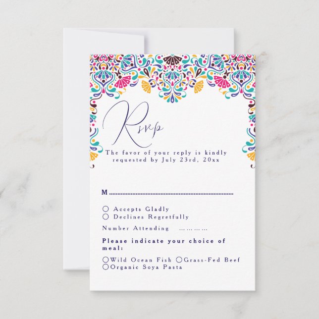 Lebhafte mexikanische Fiesta Style Rainbow Wedding RSVP Karte (Vorderseite)