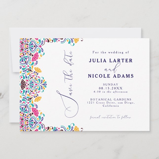 Lebhafte mexikanische Fiesta Style Rainbow Wedding Save The Date (Vorderseite)