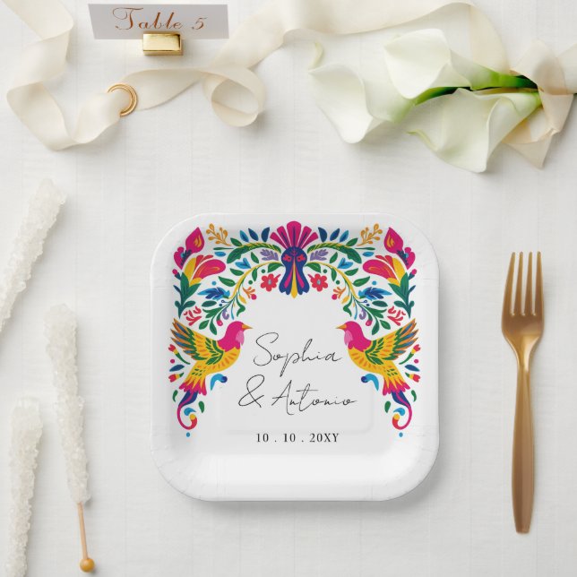 Lebhafte mexikanische Otomi Birds Floral Fiesta We Pappteller (Hochzeit)