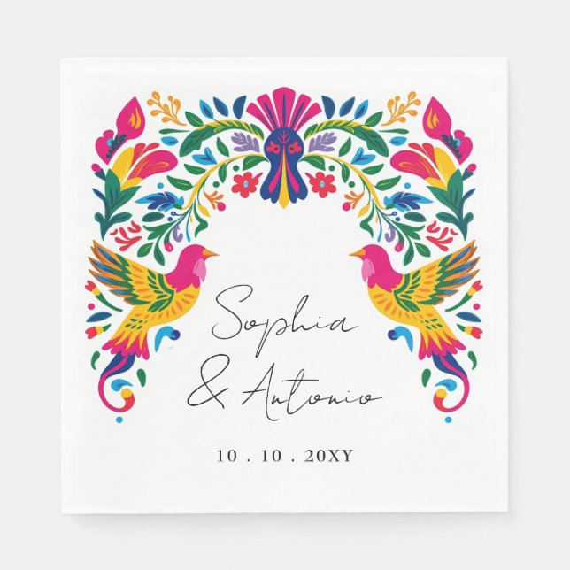 Lebhafte mexikanische Otomi Birds Floral Fiesta We Serviette (Vorderseite)
