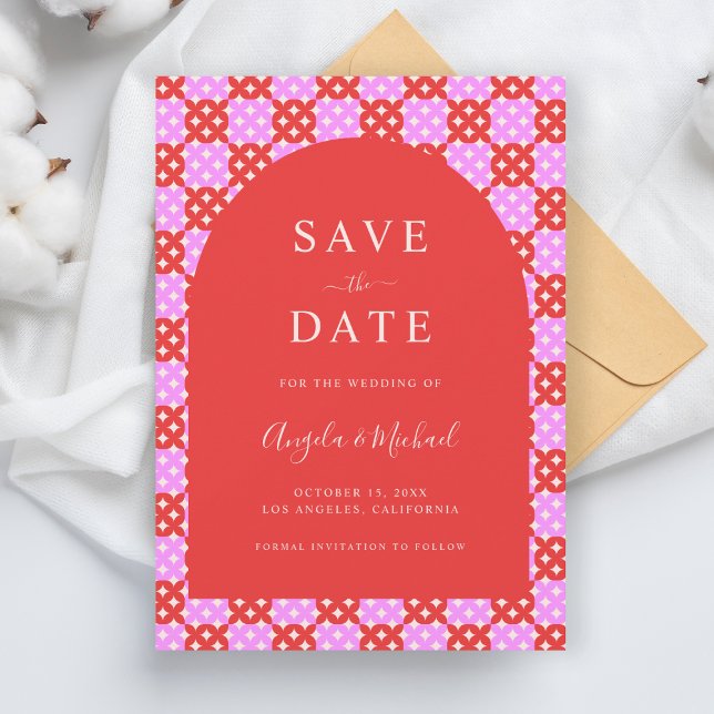 Lebhafte Mod-Hochzeit von Bright Pink & Red Midjah Save The Date (Von Creator hochgeladen)