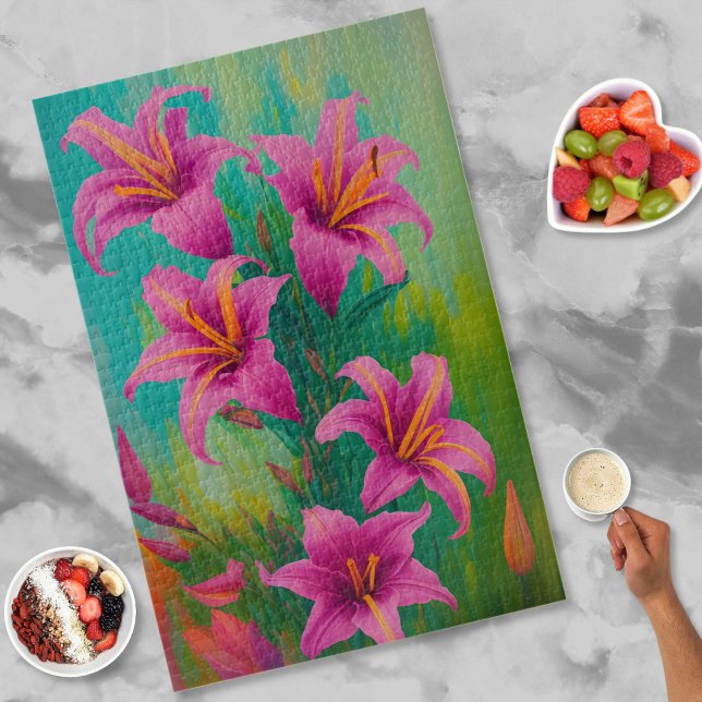 Lebhafte, moderne Art Pink Lilies Ölgemälde Puzzle (Von Creator hochgeladen)