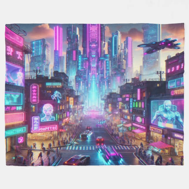 Lebhafte Neon Cyberpunk Cityscape Fantasy | Fleecedecke (Vorderseite (Horizontal))