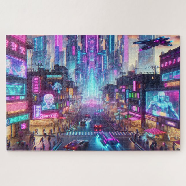 Lebhafte Neon Cyberpunk Cityscape Fantasy | Puzzle (Horizontal)