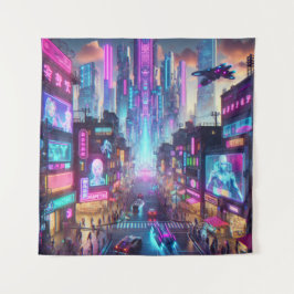 Lebhafte Neon Cyberpunk Cityscape Fantasy | Wandteppich